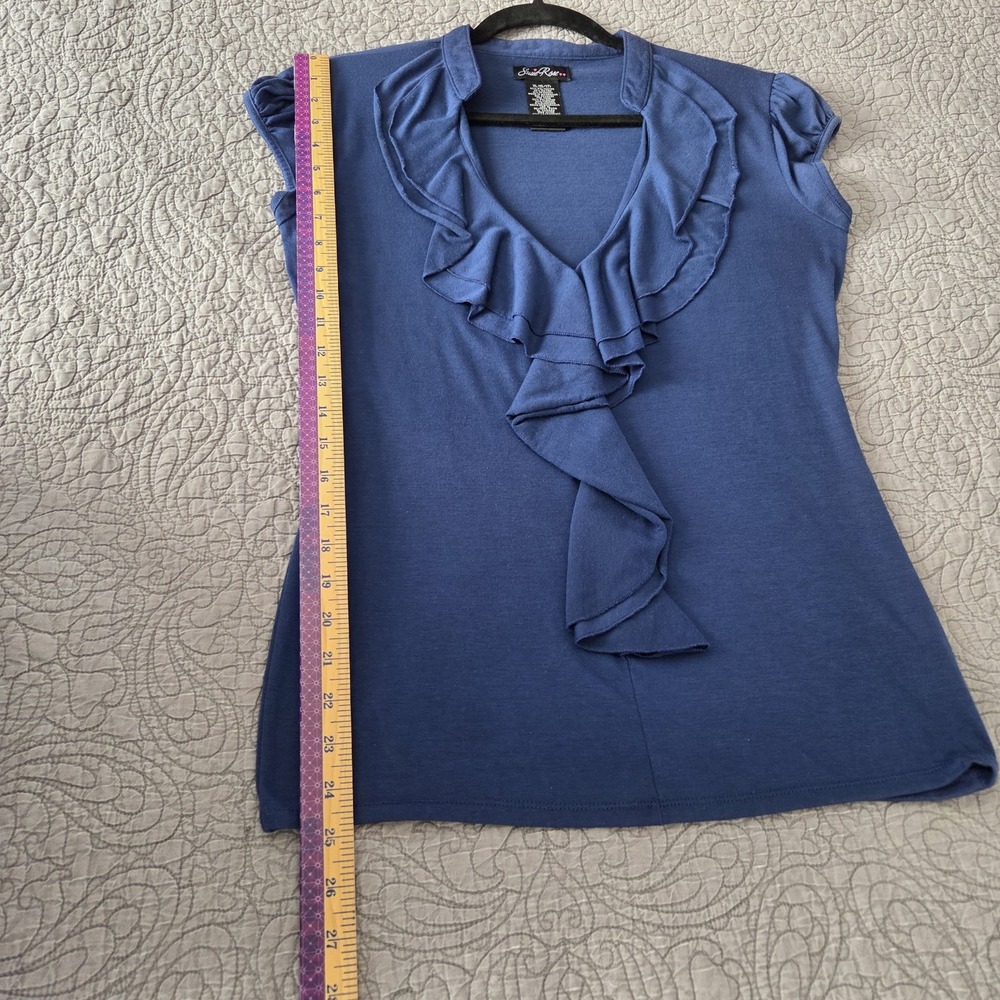 Vtg Y2K Women's L Susie Rose Blouse Cap Puff Sleeve Ruffle Front V Neck Navy - Picture 8 of 8